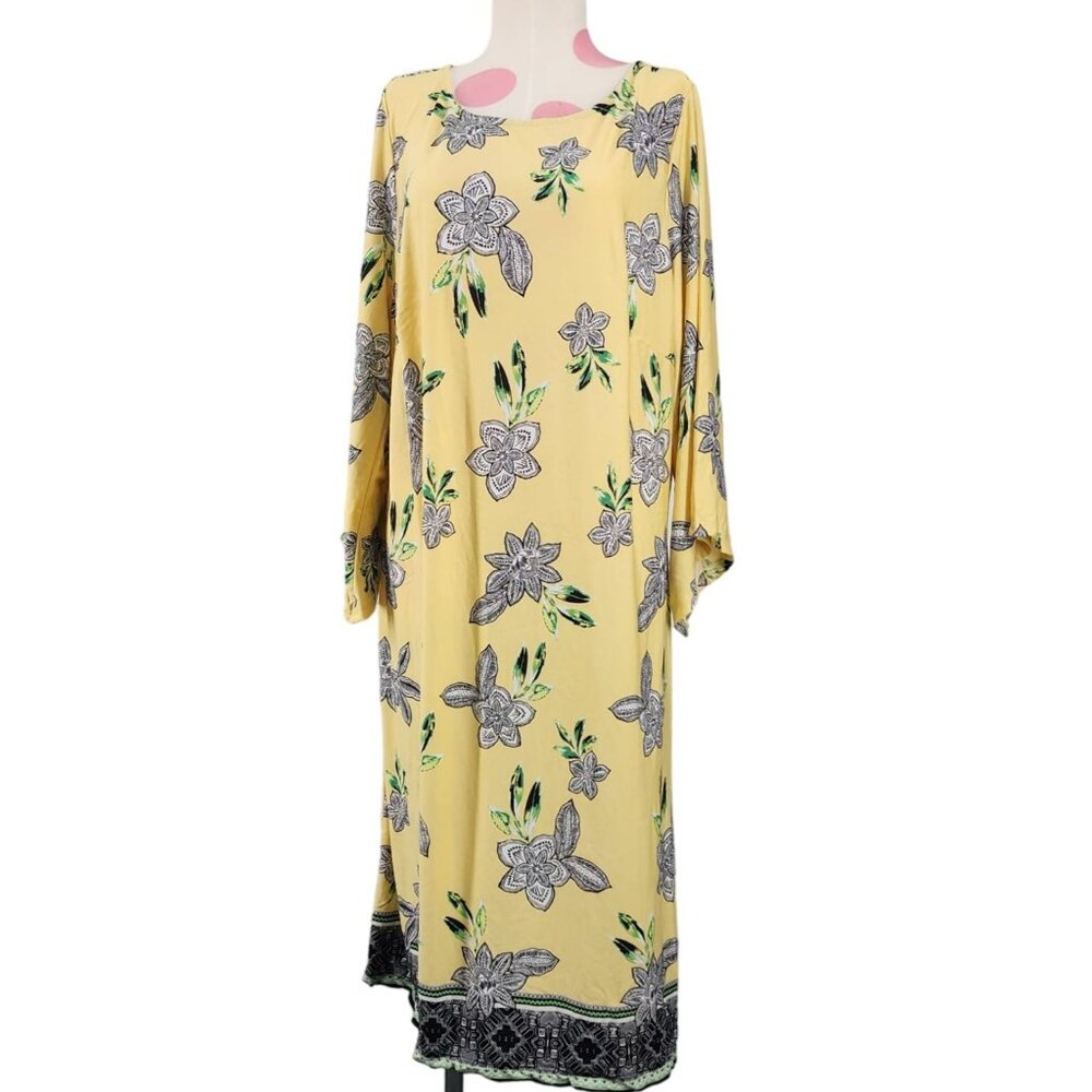 Women's Kim Rogers Curvy Yellow Stretch Dress 1XL Bell Sleeves Floral